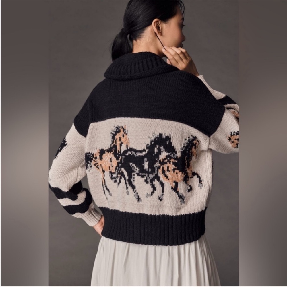 Pilcro Black and Cream Horse Intarsia Turtleneck Sweater